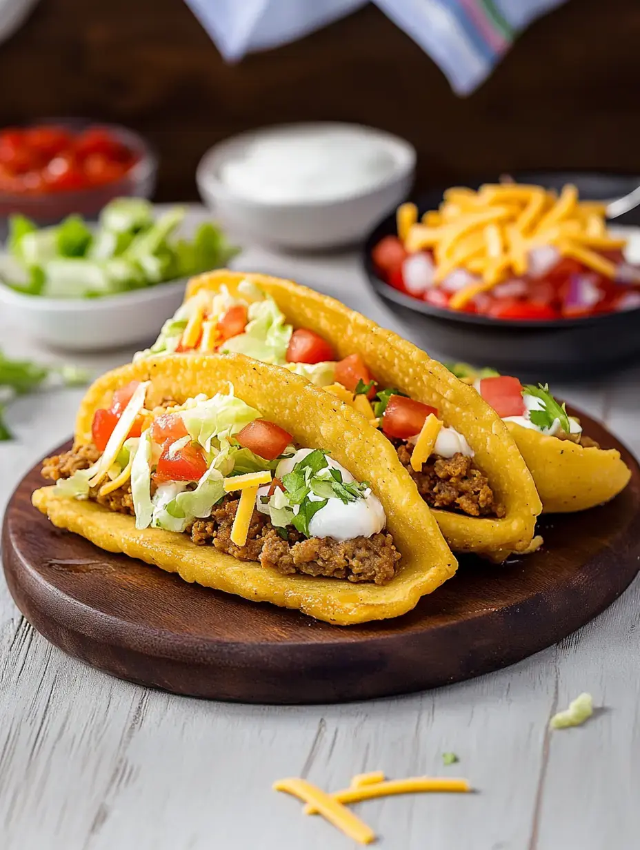 Two tacos filled with ground beef, lettuce, tomatoes, cheese, and sour cream are served on a wooden plate, with additional toppings in the background.