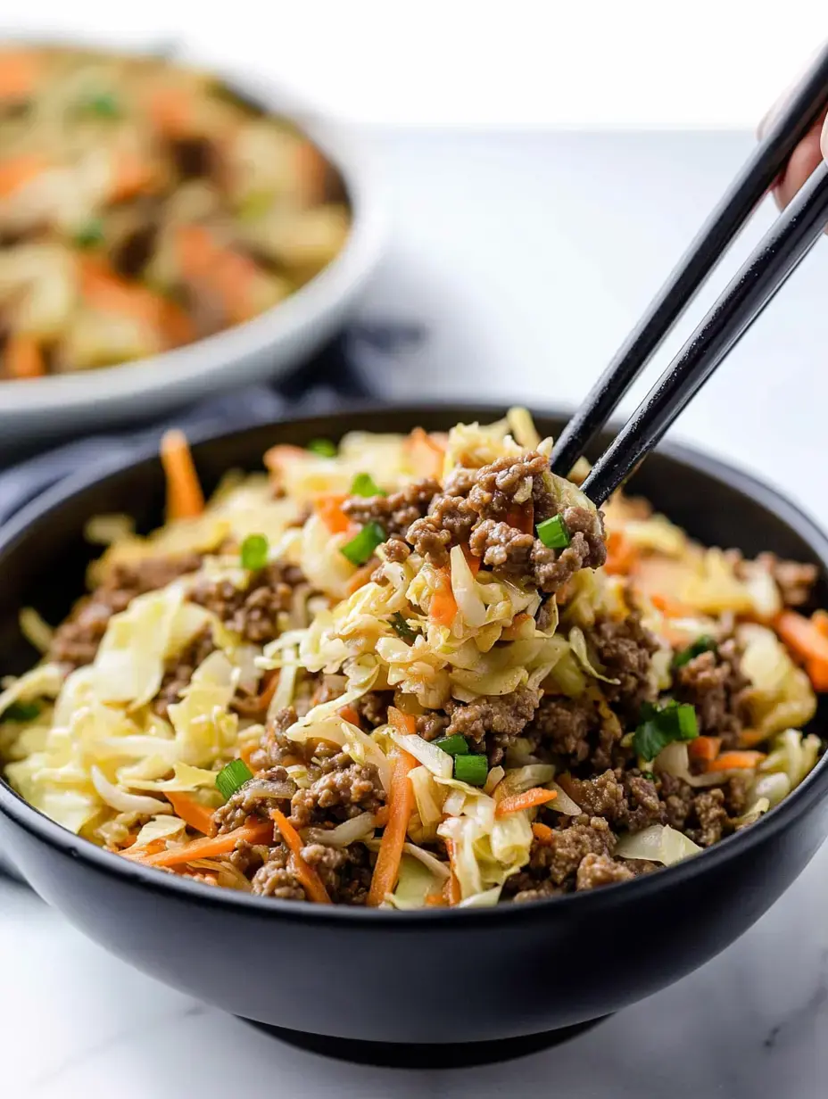 A close-up of a bowl of stir-fried cabbage and ground meat, with chopsticks lifted to serve the dish.