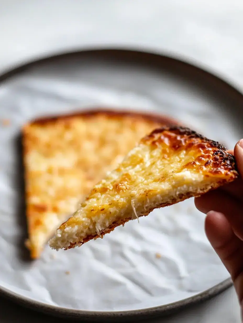 A hand holds a slice of crispy cheese bread, with a larger piece in the background on a plate lined with parchment paper.