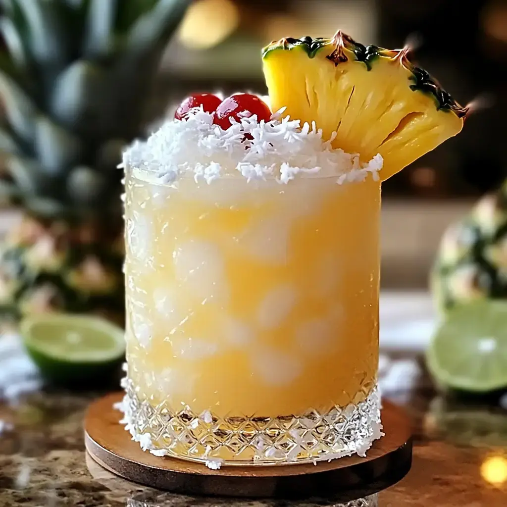 A refreshing tropical cocktail topped with shredded coconut, cherries, and a pineapple slice, served in a decorative glass on a wooden coaster.