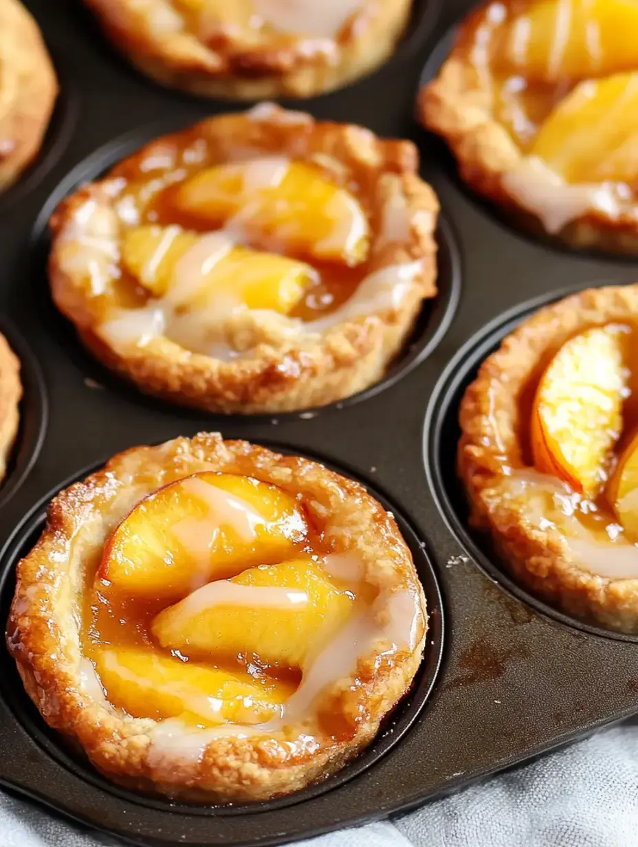 A close-up image of several golden-brown mini peach tarts topped with glaze, arranged in a muffin tin.