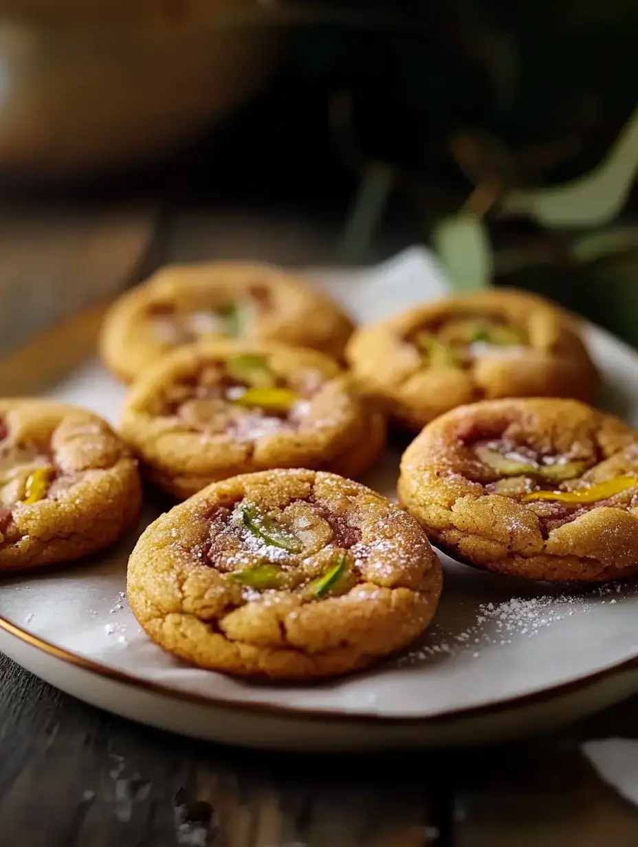 A plate of freshly baked cookies, topped with colorful morsels and dusted with powdered sugar, set on a wooden table.