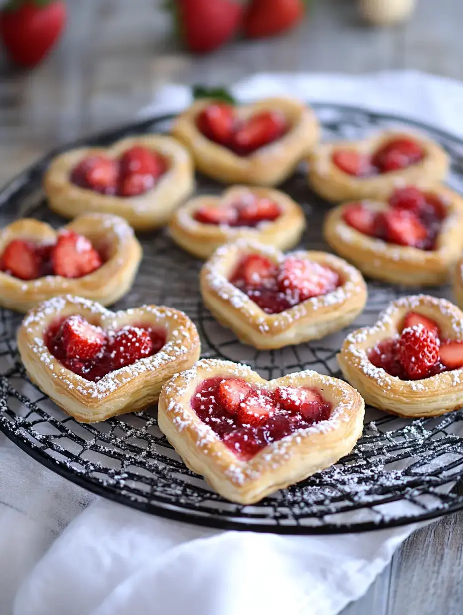 A tray of heart-shaped pastries filled with strawberries and a glossy red fruit glaze, dusted with powdered sugar.