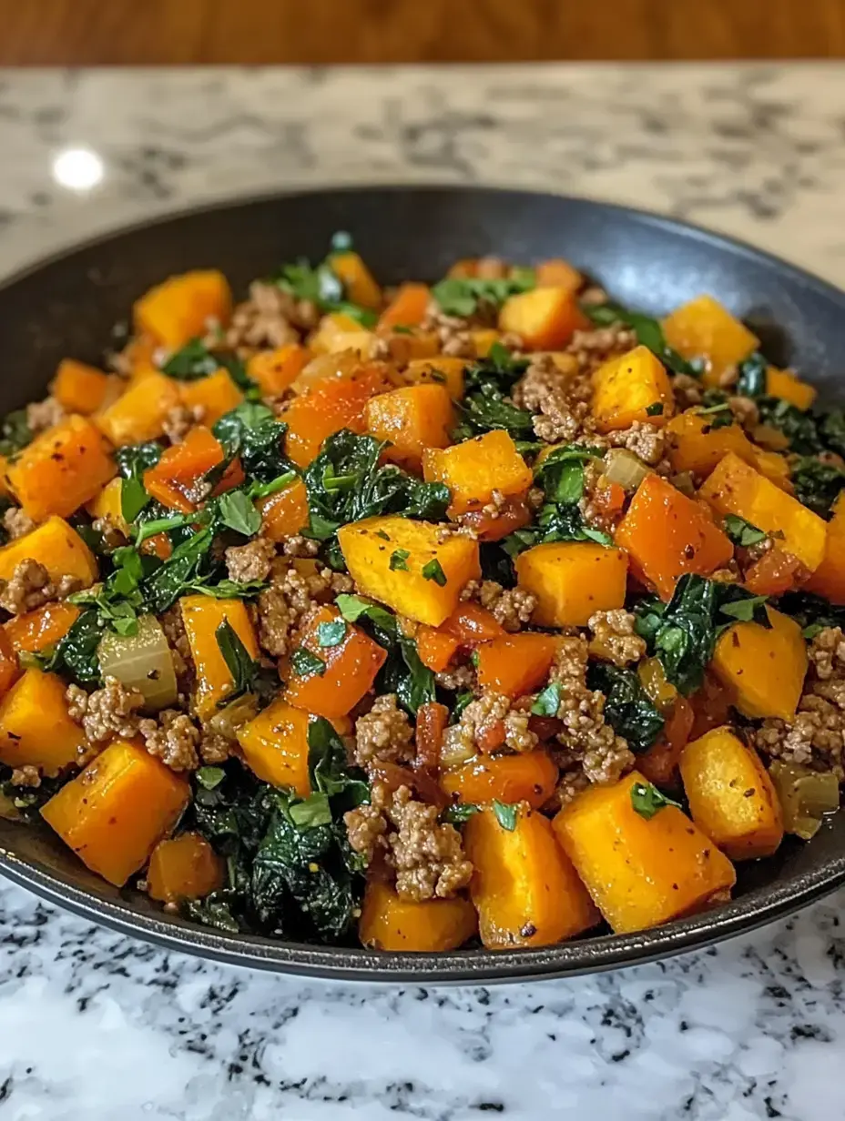 A savory dish featuring ground meat mixed with colorful diced butternut squash, sautéed greens, and herbs, served in a black bowl on a marble surface.