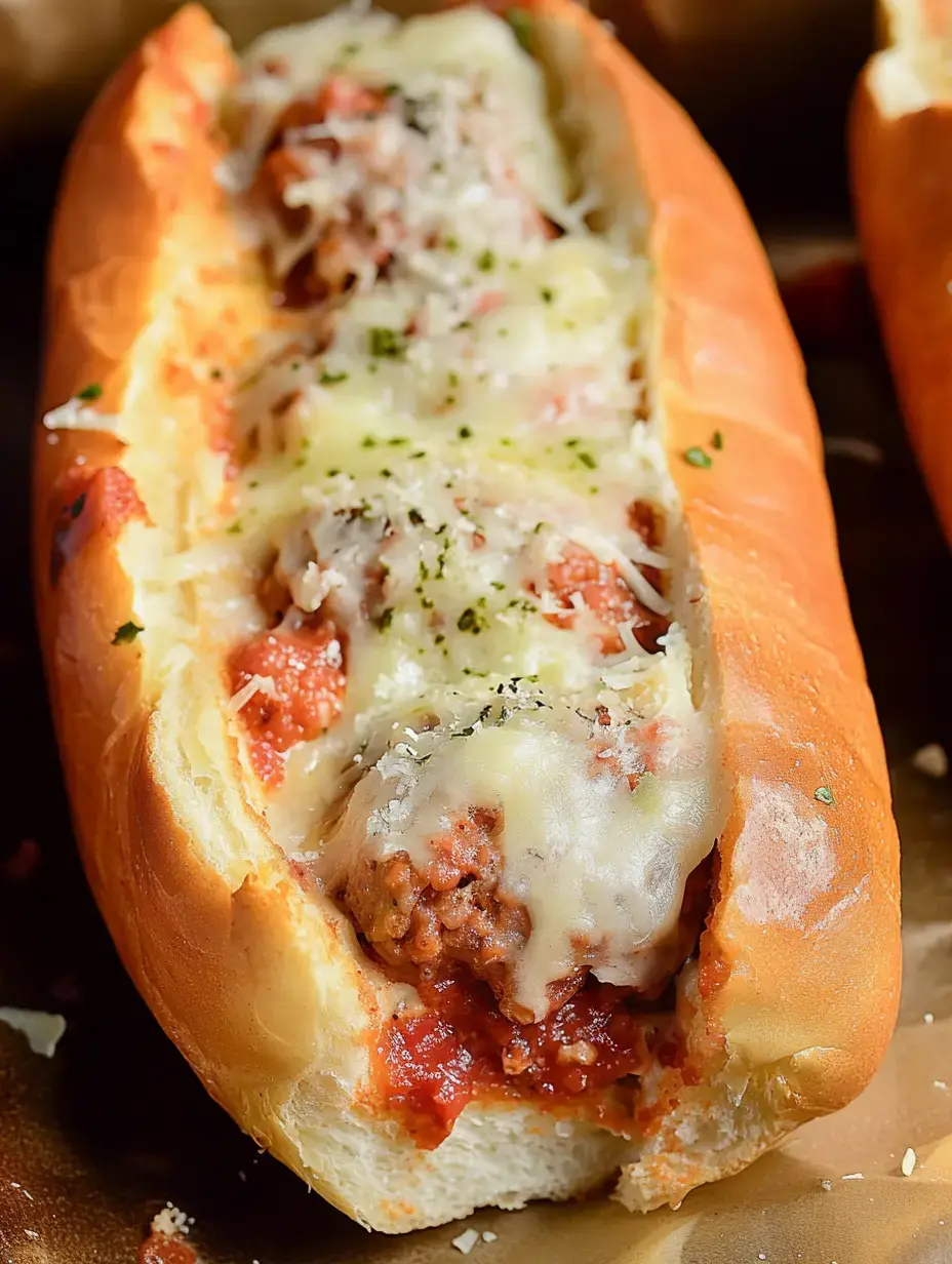 A close-up of a meatball sub topped with melted cheese, marinara sauce, and sprinkled with herbs, served in a toasted bun.