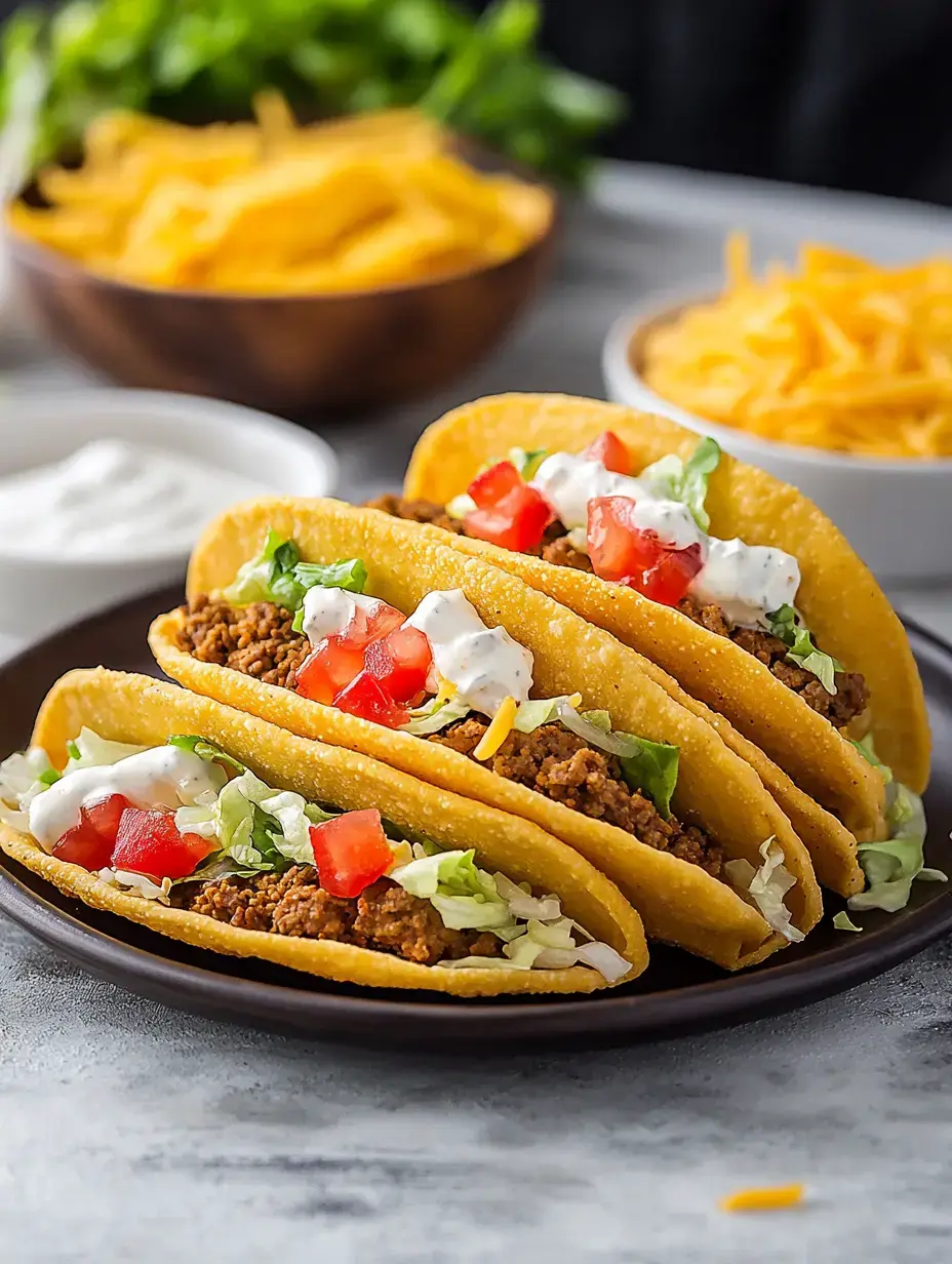 Three loaded tacos with ground meat, lettuce, tomatoes, and sour cream are served on a dark plate, with bowls of shredded cheese and other toppings in the background.