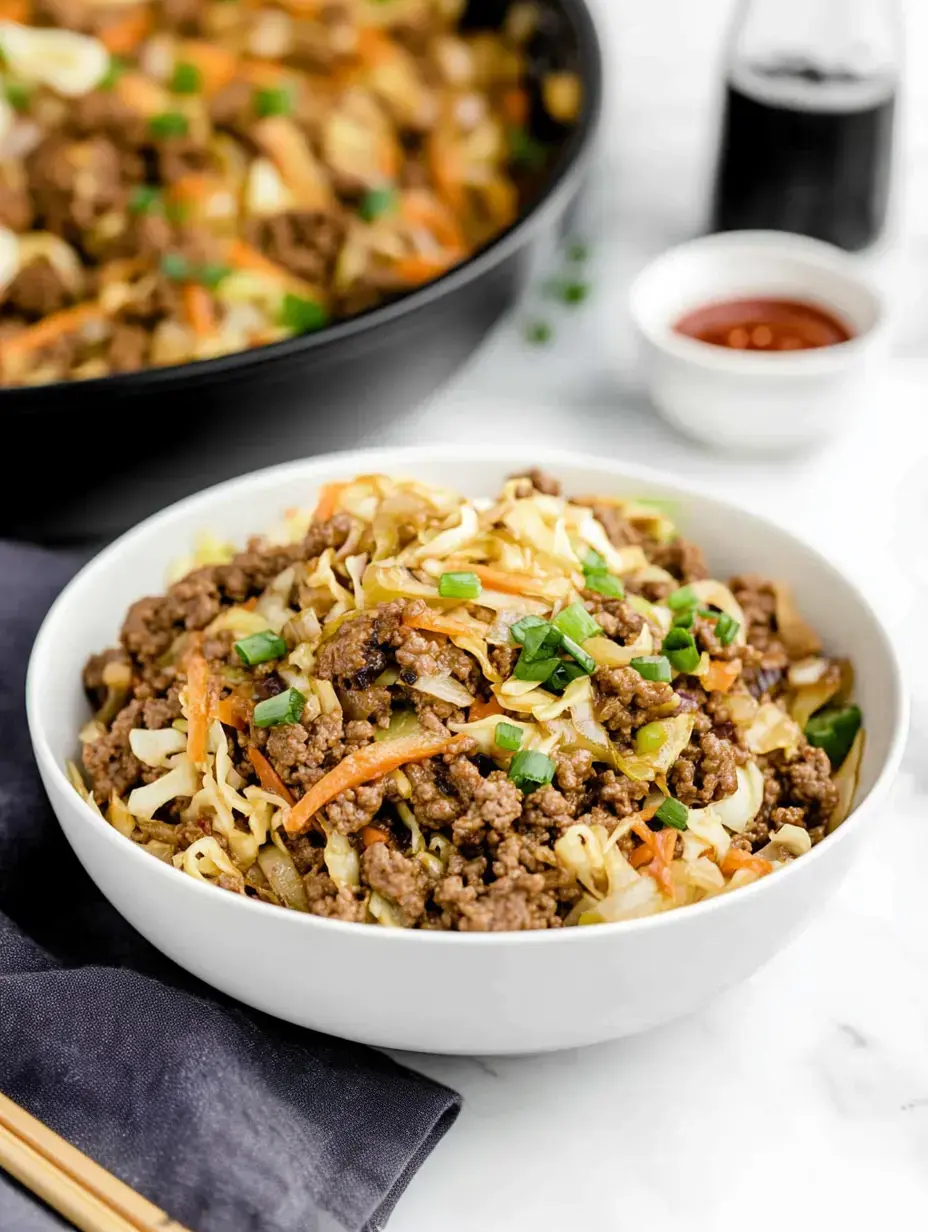 A bowl of stir-fried ground beef and vegetables, including cabbage and carrots, garnished with green onions, is served alongside a larger dish in the background.