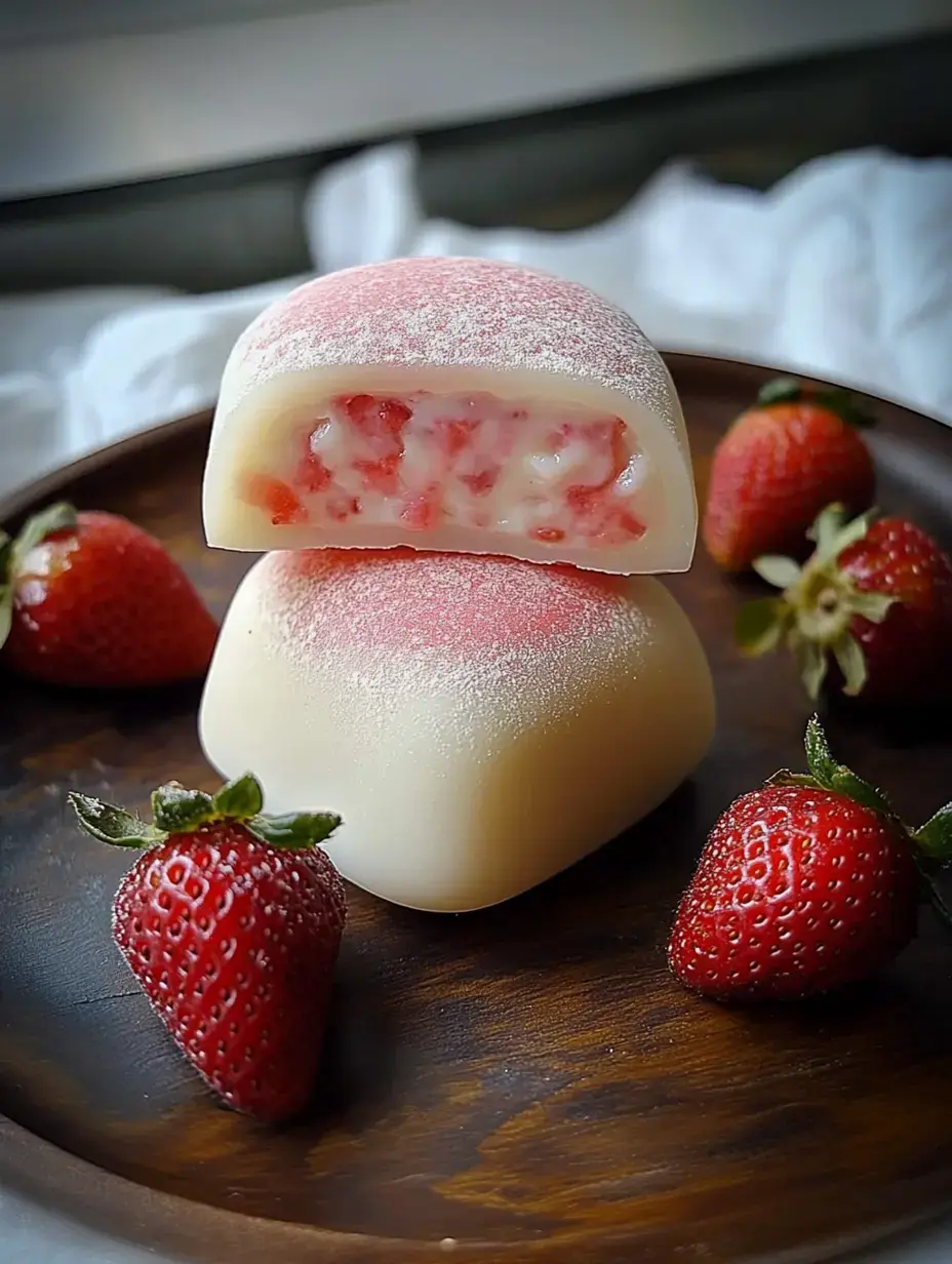 A close-up of two pieces of pink-topped mochi filled with strawberry and cream, surrounded by fresh strawberries on a wooden plate.