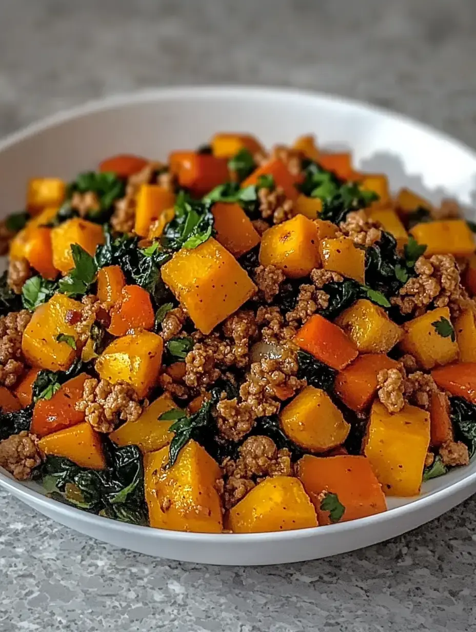 A colorful dish of sautéed butternut squash, ground meat, and greens garnished with herbs, served in a white bowl.