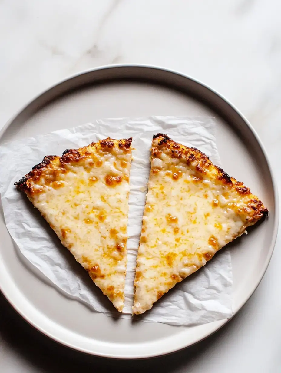 Two slices of golden-brown pizza are placed on a round plate with a piece of parchment paper underneath.