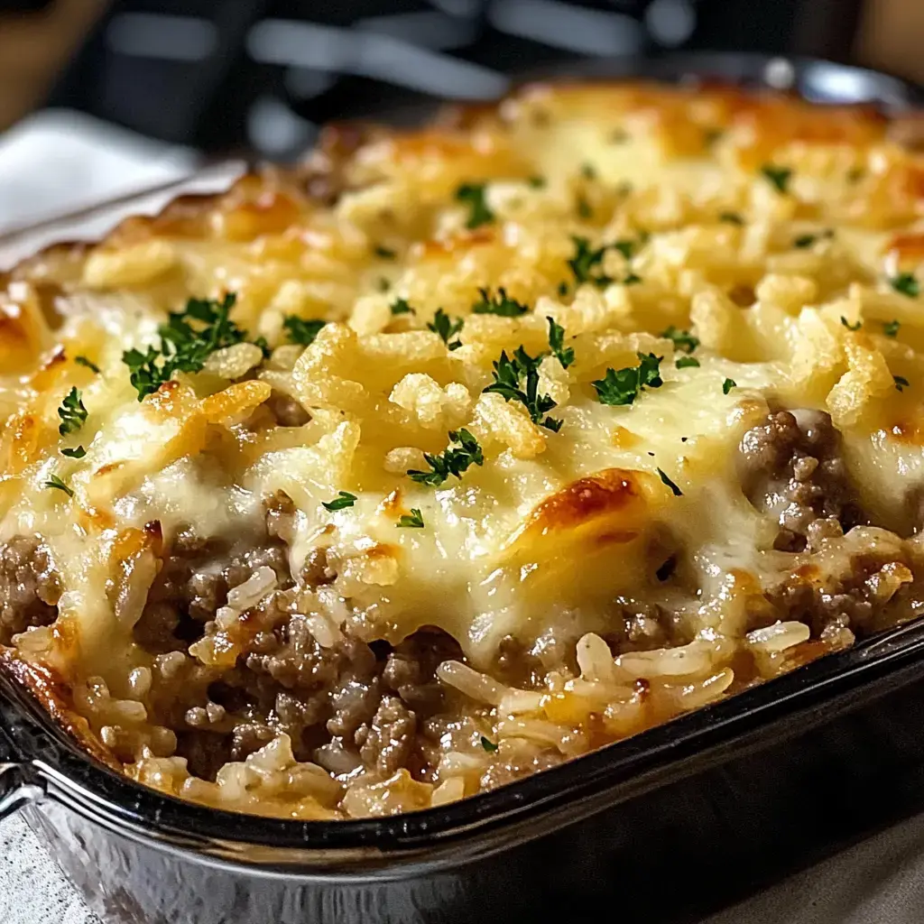 A close-up image of a baked casserole with layers of ground beef, rice, melted cheese, and crispy topping, garnished with parsley.