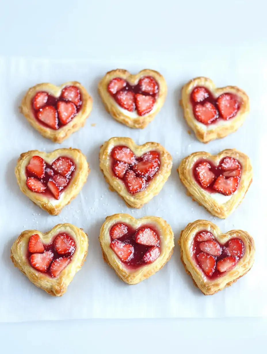 A tray of heart-shaped pastries filled with strawberries and glaze, sprinkled with powdered sugar.