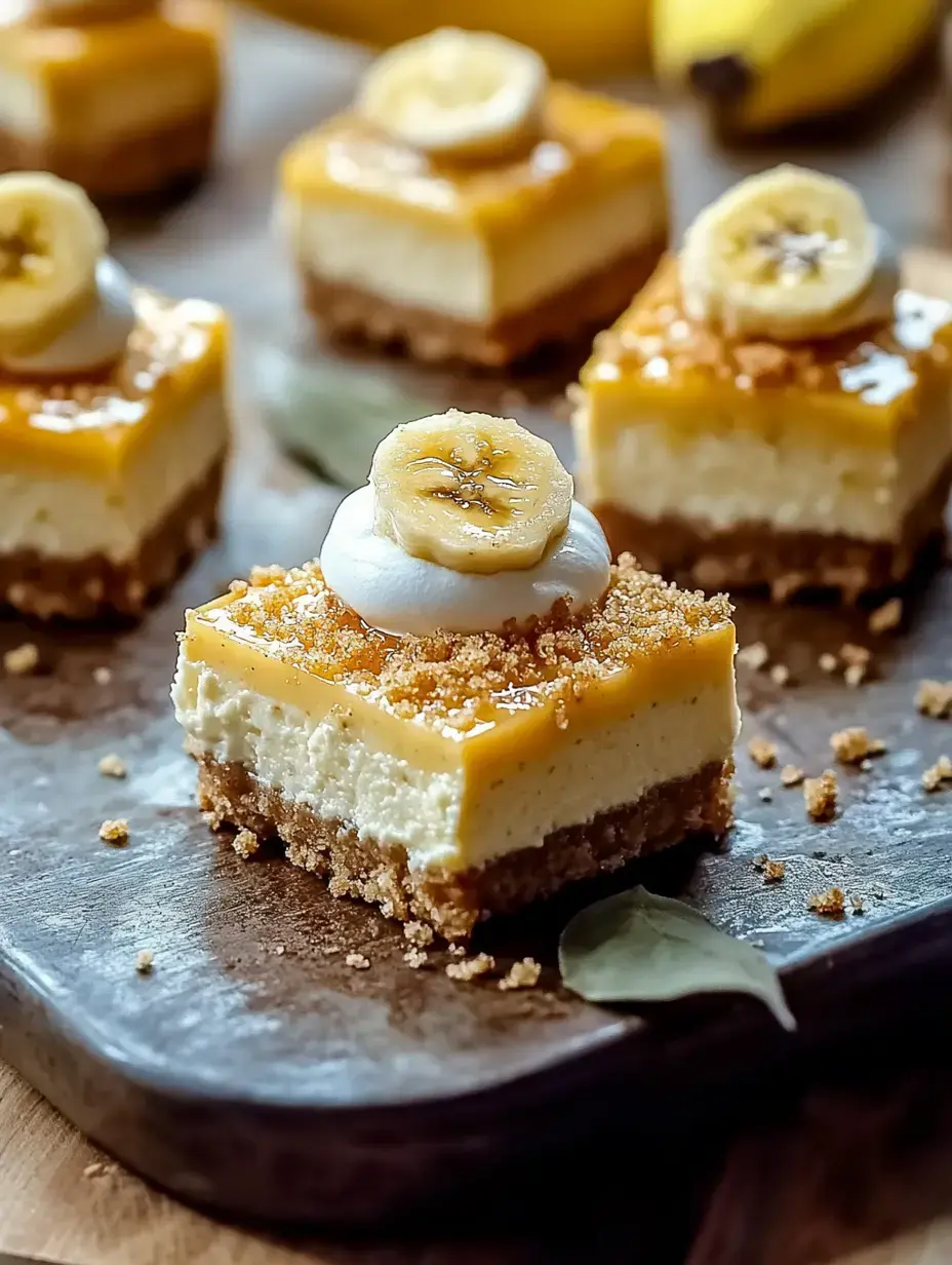 A close-up of banana dessert squares topped with banana slices and whipped cream, arranged on a wooden serving platter.