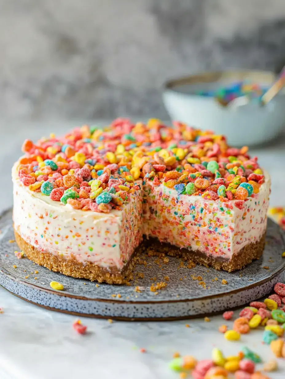 A colorful cake topped with fruity cereal sits on a gray plate, with a slice removed and crumbs scattered around.