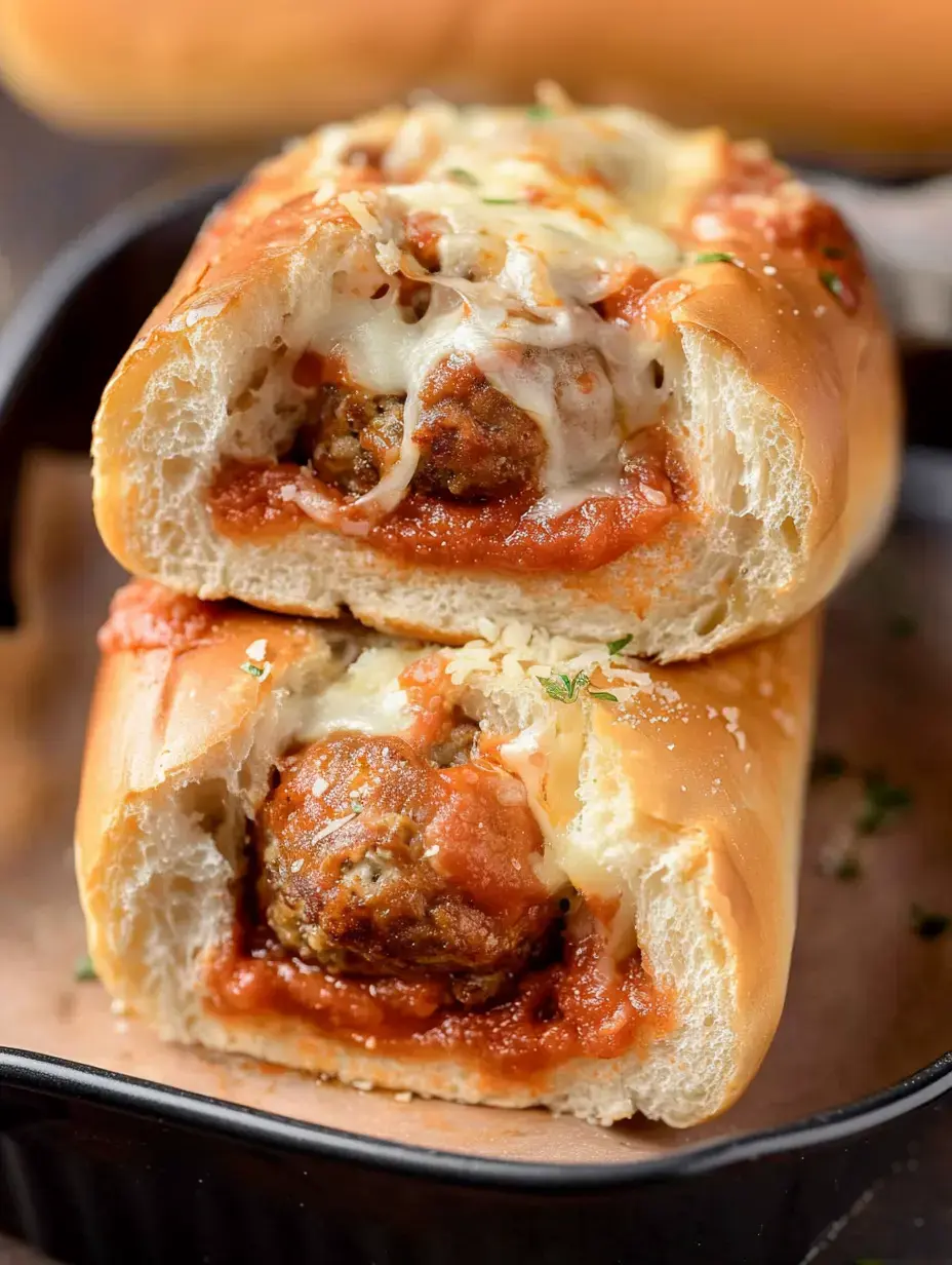 A close-up of two meatball subs topped with marinara sauce and melted cheese, served in a black dish.