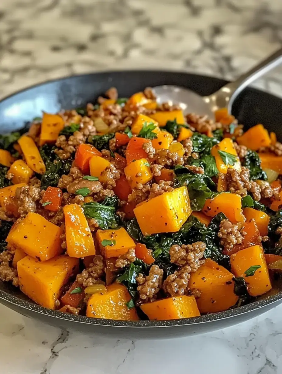 A bowl of sautéed ground meat mixed with chunks of butternut squash, colorful peppers, and leafy greens, presented on a marble countertop.