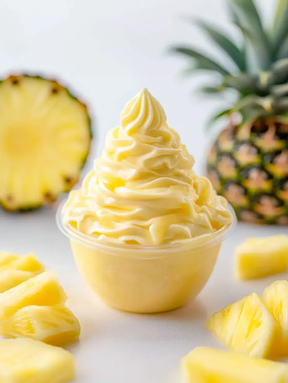 A creamy pineapple soft-serve dessert is placed in a cup, surrounded by fresh pineapple wedges and a whole pineapple in the background.