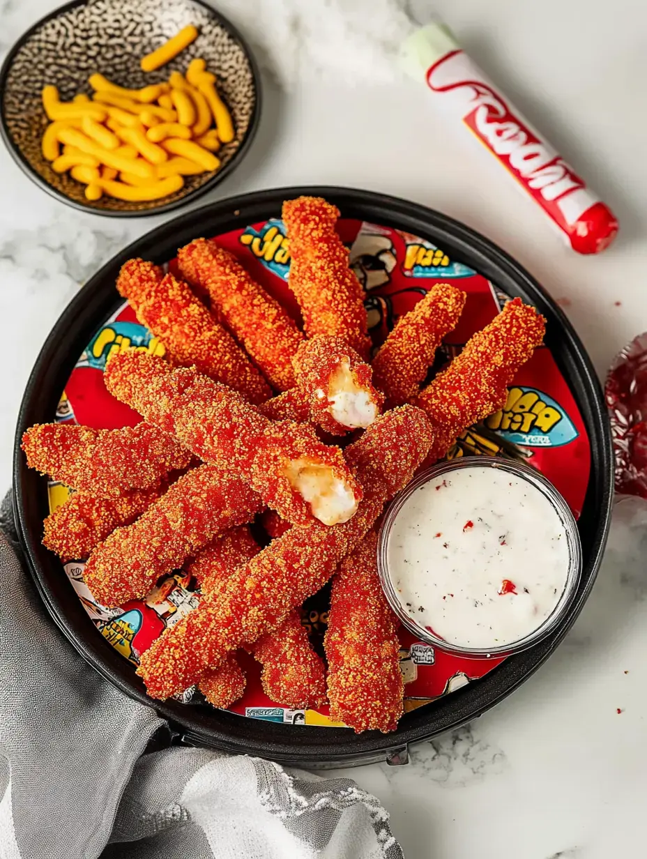 A black plate filled with bright red snack sticks next to a small dish of white dipping sauce and a bowl of yellow cheese puffs.