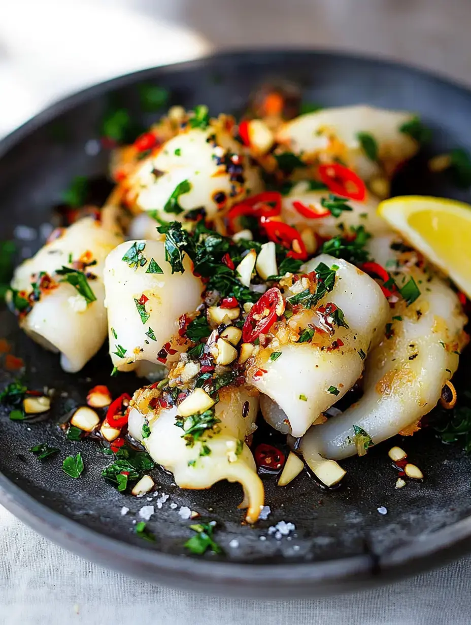 A close-up of a black plate featuring cooked squid garnished with chopped herbs, sliced red chili, minced garlic, and a wedge of lemon.