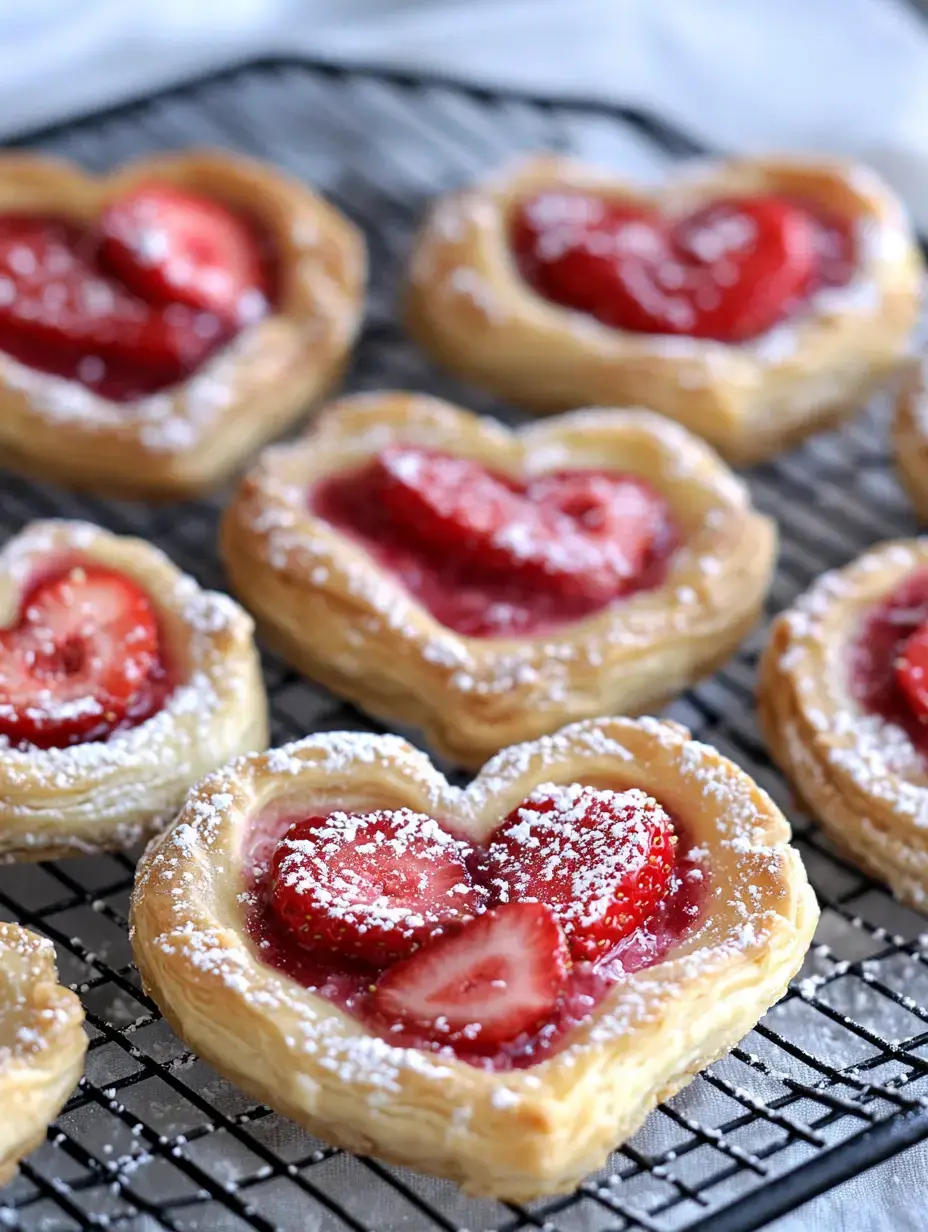 A collection of heart-shaped pastries topped with sliced strawberries and powdered sugar cooling on a wire rack.