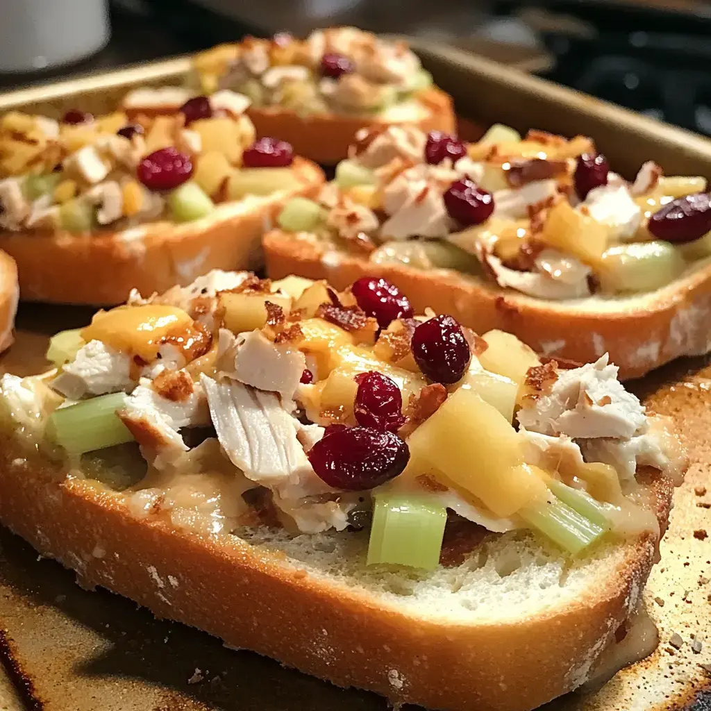 Toasted bread topped with shredded chicken, celery, cheese, dried cranberries, and diced apples.