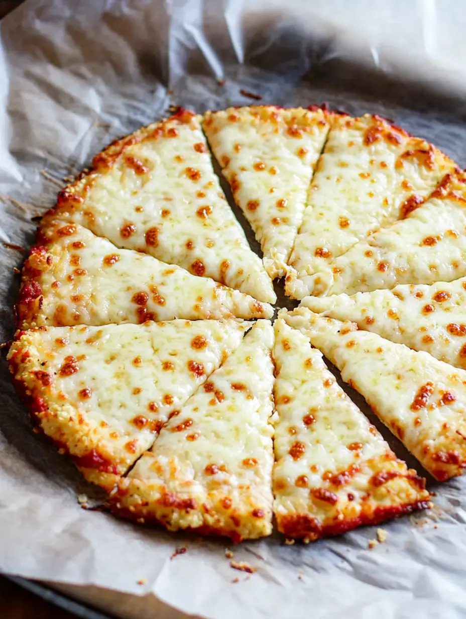 A freshly baked cheese pizza sliced into eight pieces, resting on parchment paper.