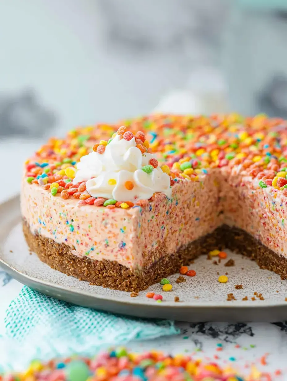 A delicious no-bake cake with a colorful sprinkle topping and a whipped cream decoration, showing a slice removed, revealing its creamy texture and crumbly crust.