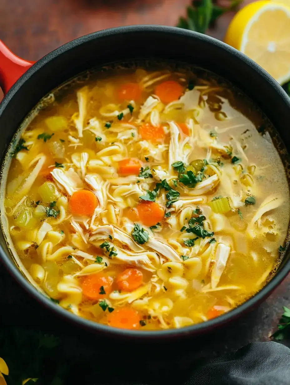 A close-up view of a pot of chicken noodle soup with chunks of chicken, carrots, and parsley in a flavorful broth.