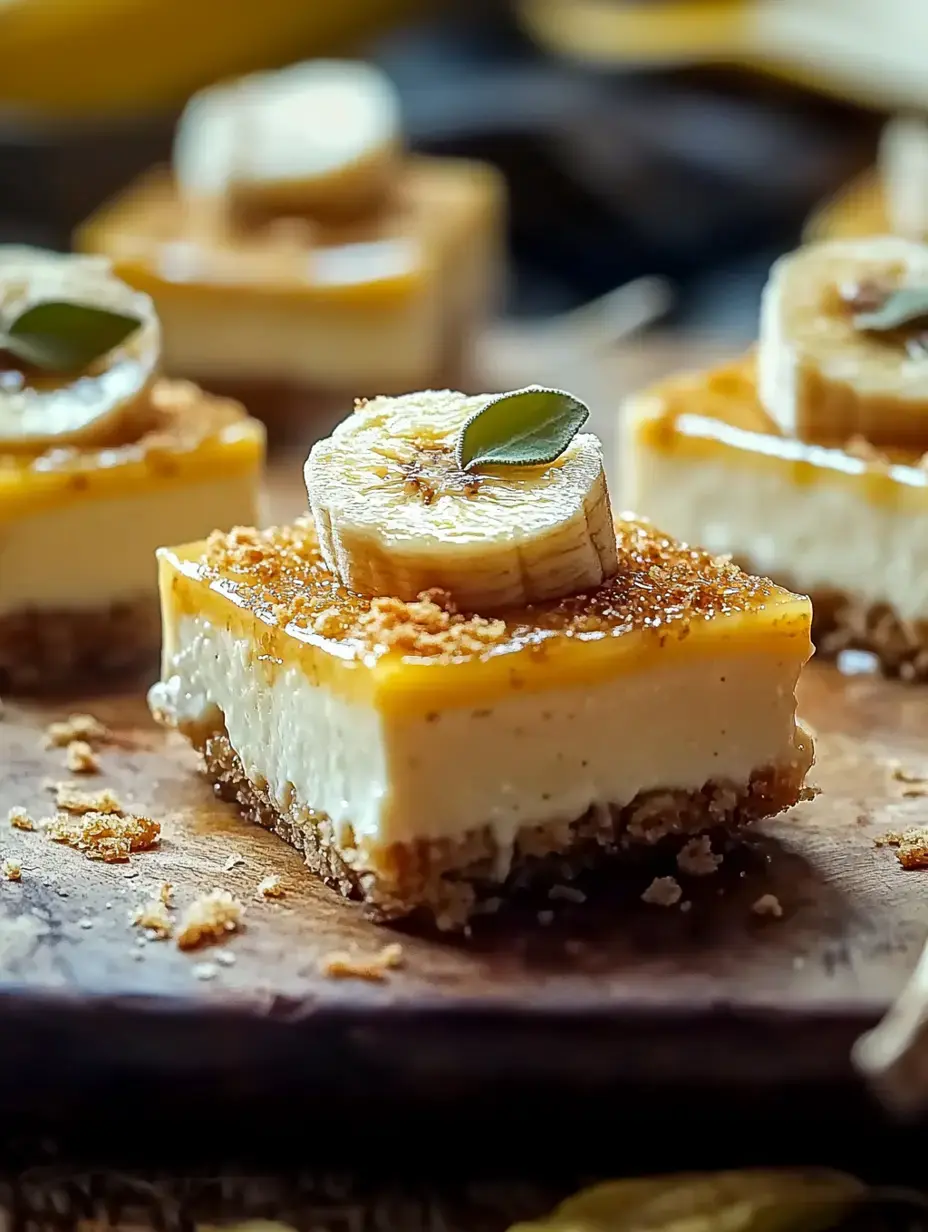 A close-up of layered banana dessert squares topped with banana slices and garnished with a small leaf, displayed on a wooden surface.