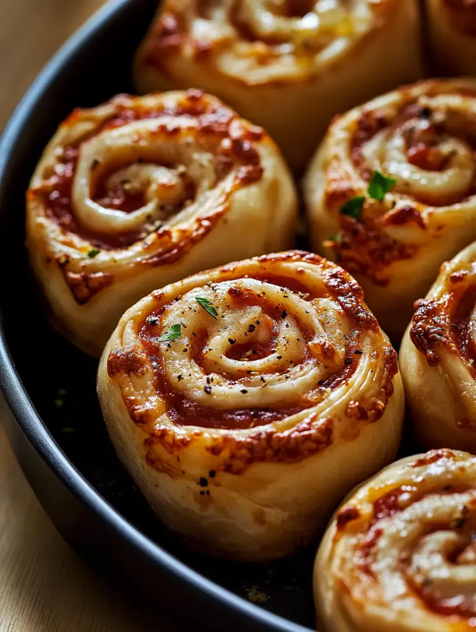 A close-up of freshly baked, golden-brown pinwheel rolls with a spiral of sauce and herbs in a dark baking dish.