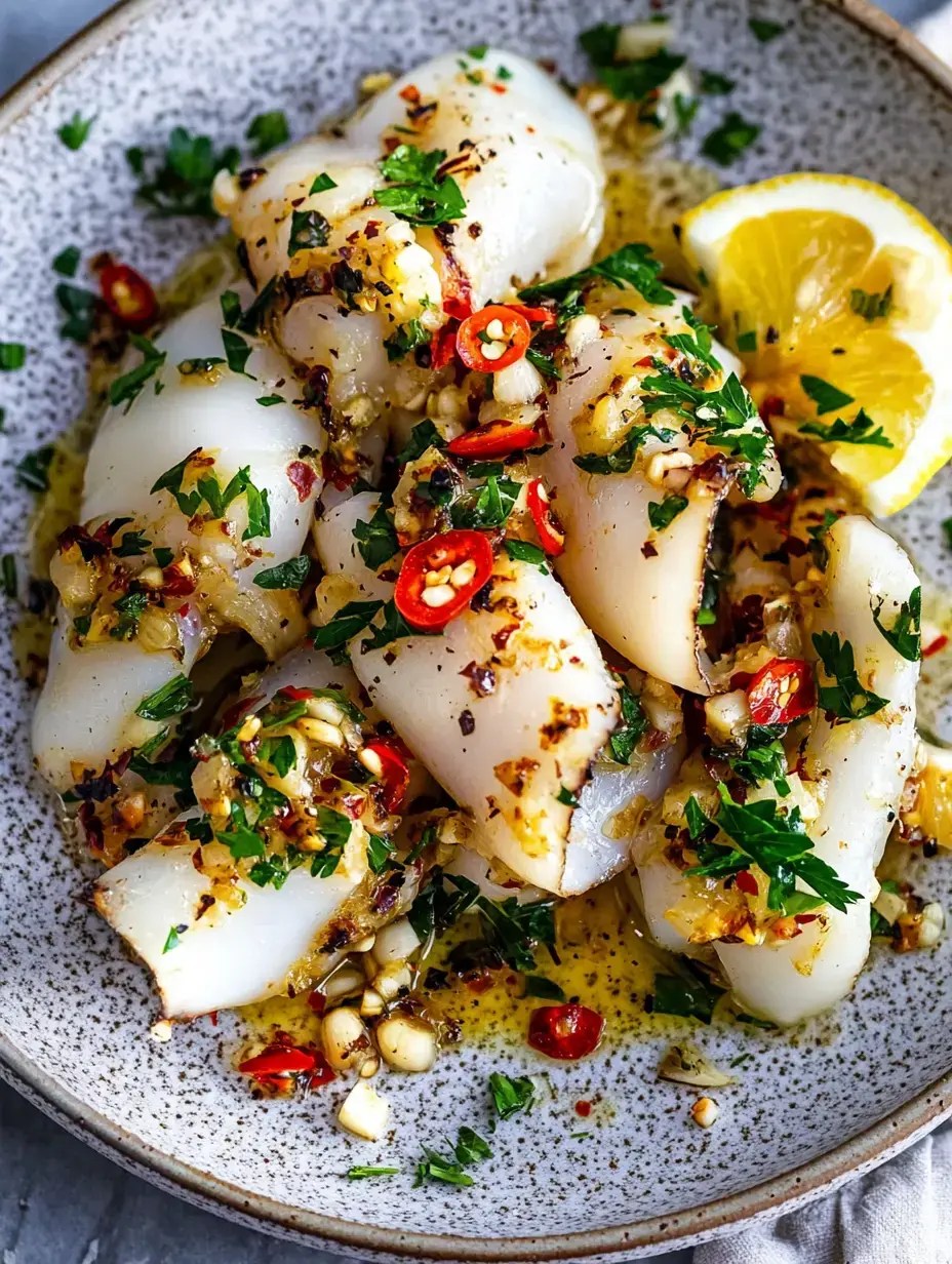 A close-up of seasoned squid rings garnished with chopped parsley, chili peppers, and a lemon wedge on a speckled plate.