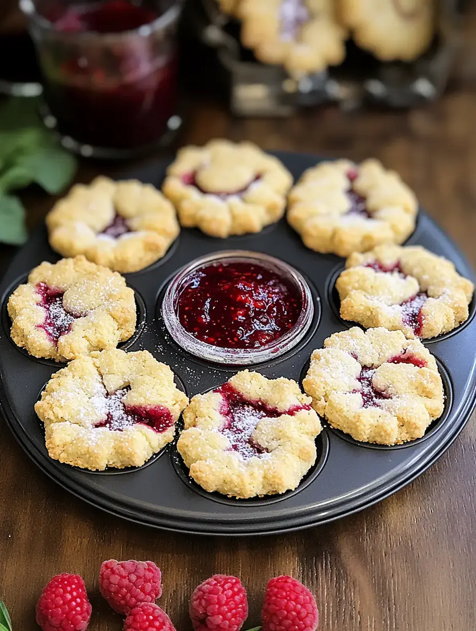 A platter of baked cookies with a jam filling, accompanied by a small bowl of raspberry jam and fresh raspberries nearby.