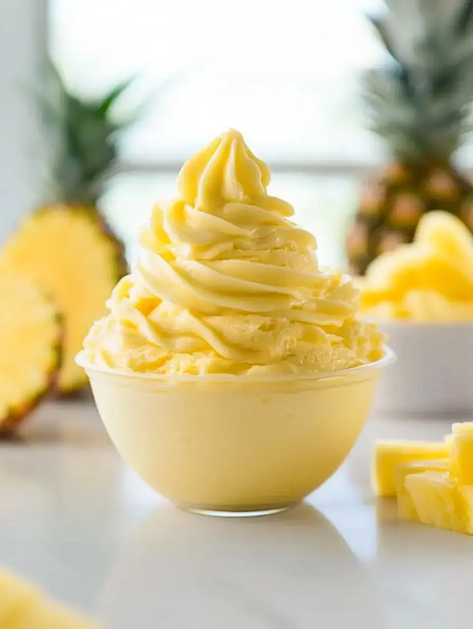 A swirl of creamy, yellow pineapple soft serve is displayed in a clear bowl, surrounded by fresh pineapple chunks and a whole pineapple in the background.