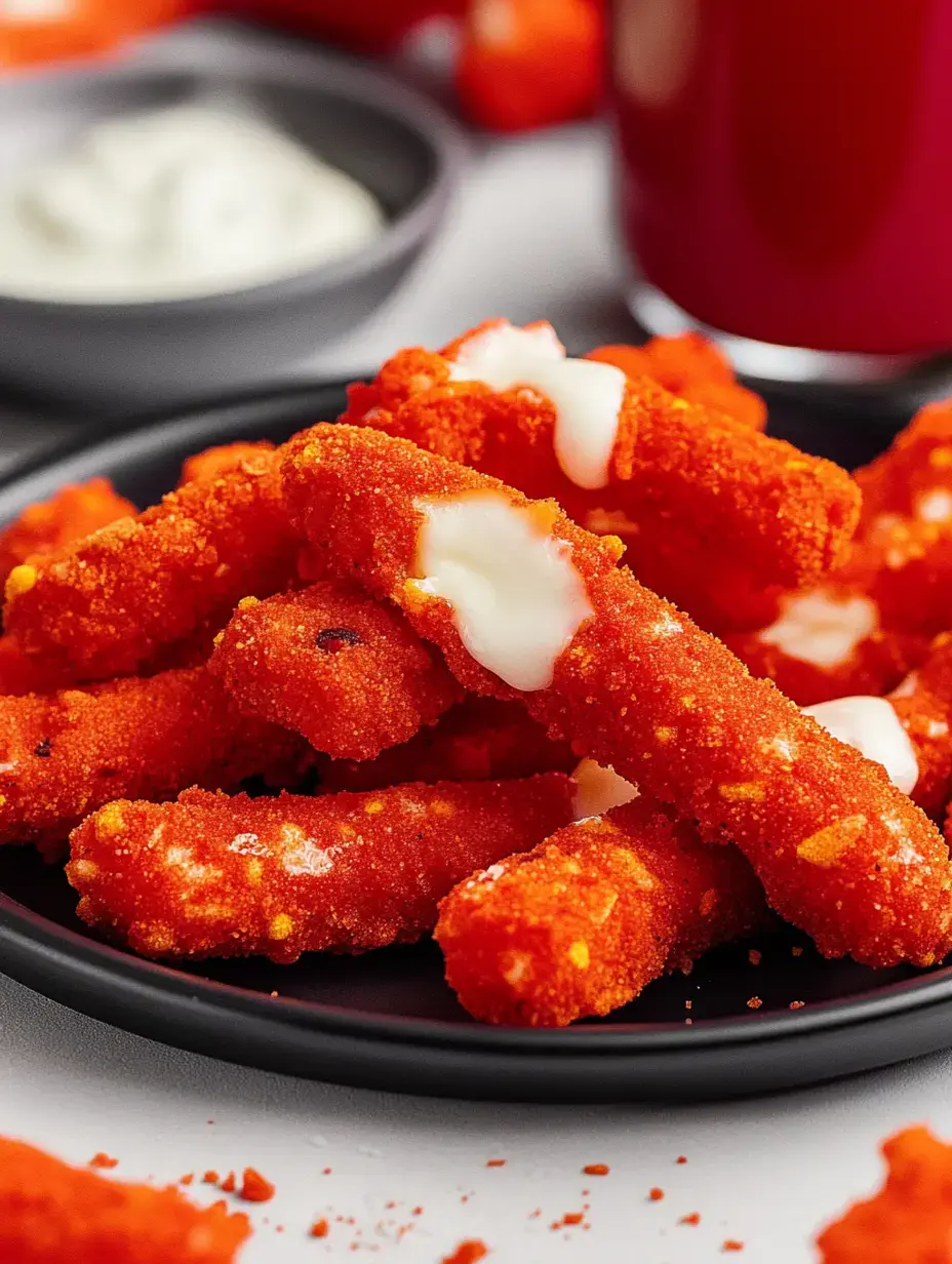 A plate of bright red, crispy snacks is drizzled with white sauce, with a small bowl of dip in the background.