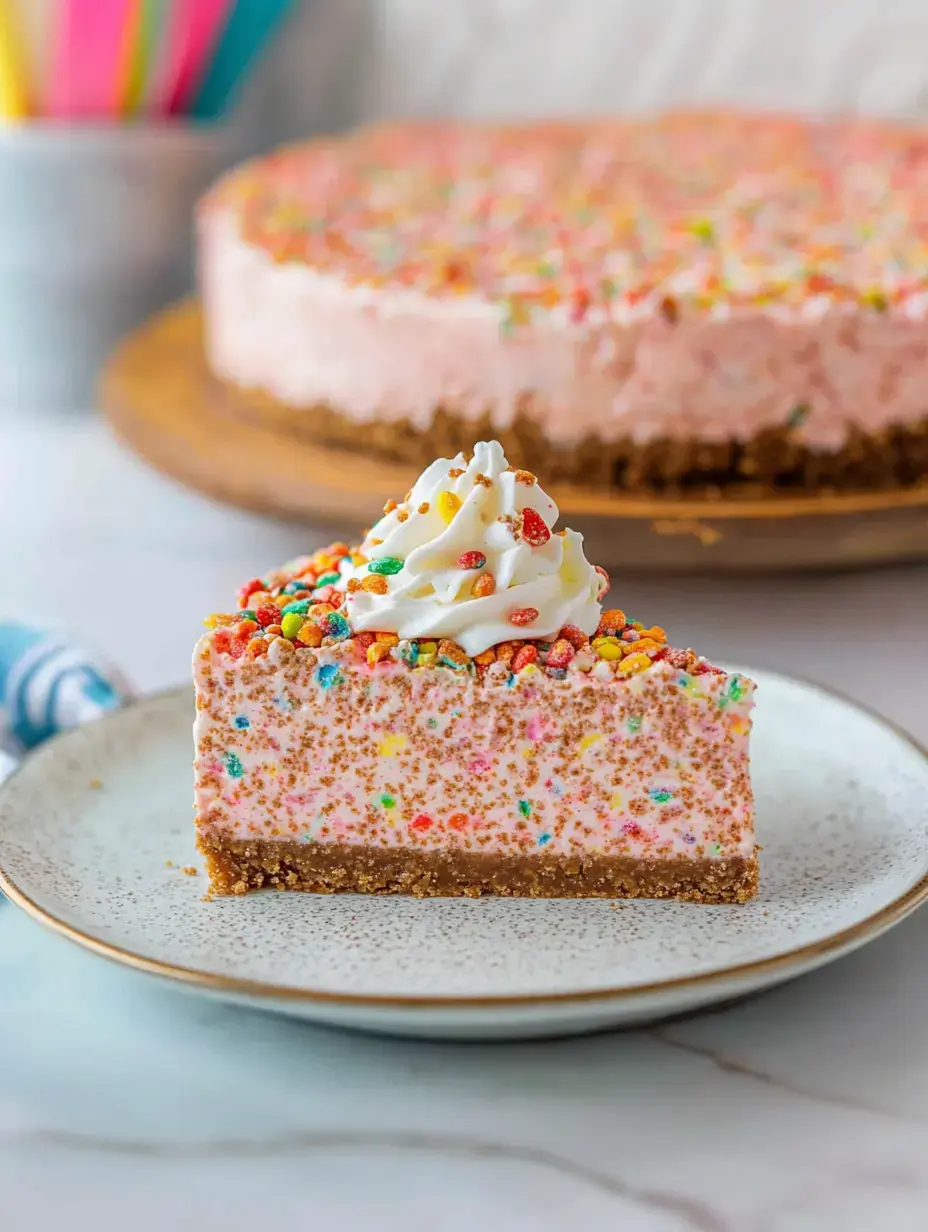 A slice of colorful, sprinkle-topped pink cheesecake on a decorative plate, with a whole cheesecake in the background.