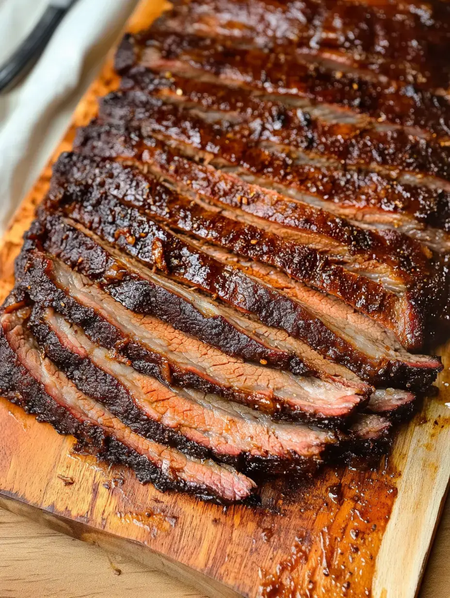 Sliced brisket with a dark, caramelized exterior resting on a wooden cutting board.