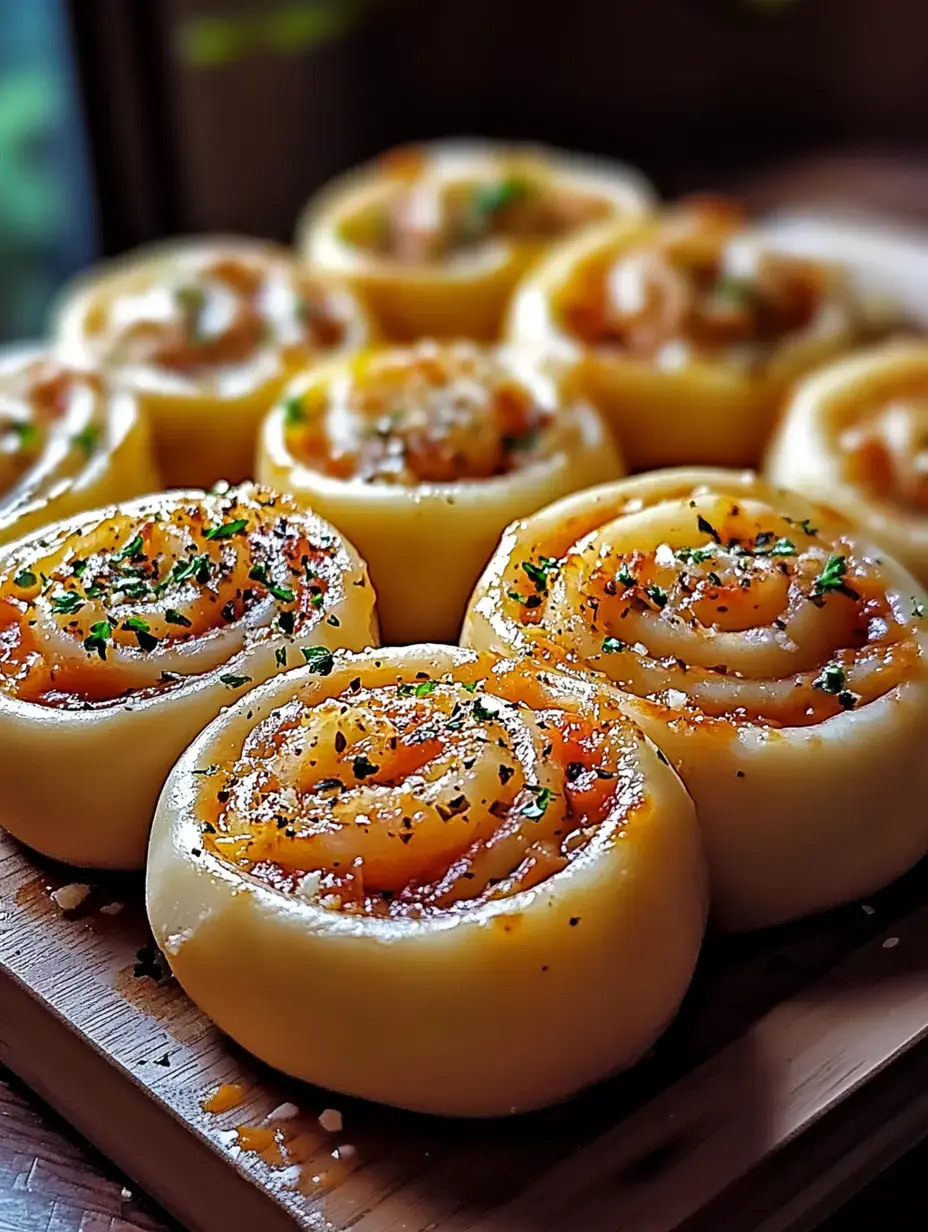 A close-up view of savory potato rolls topped with herbs and spices, arranged neatly on a wooden board.