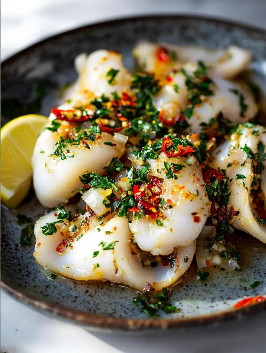 A plate of marinated squid is garnished with chopped herbs and chili, accompanied by a wedge of lemon.