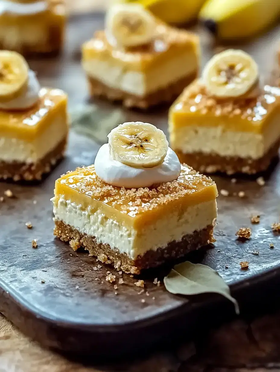 A close-up of layered banana cheesecake squares topped with caramel glaze, whipped cream, and banana slices, arranged on a wooden platter.