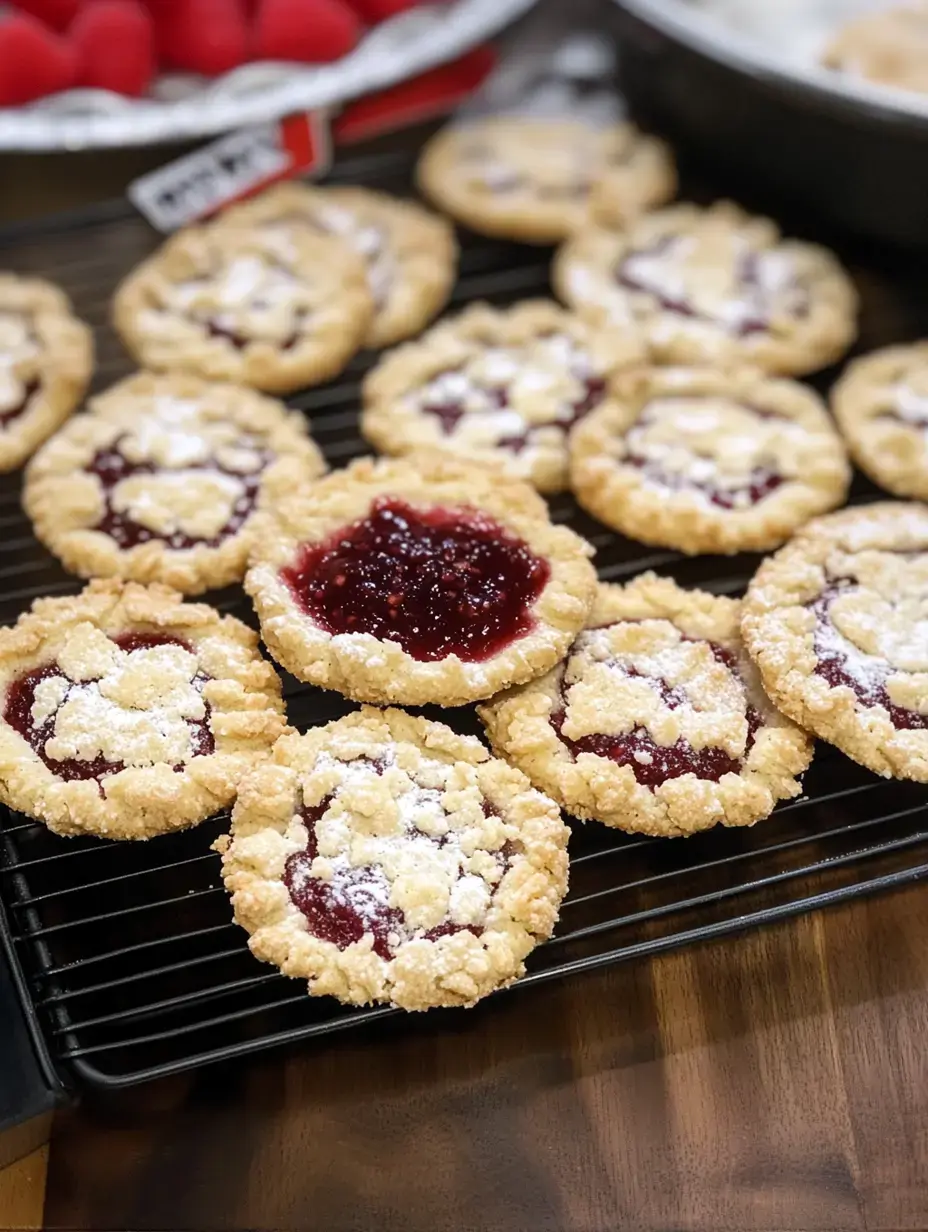 A tray of freshly baked raspberry thumbprint cookies dusted with powdered sugar, set on a cooling rack.