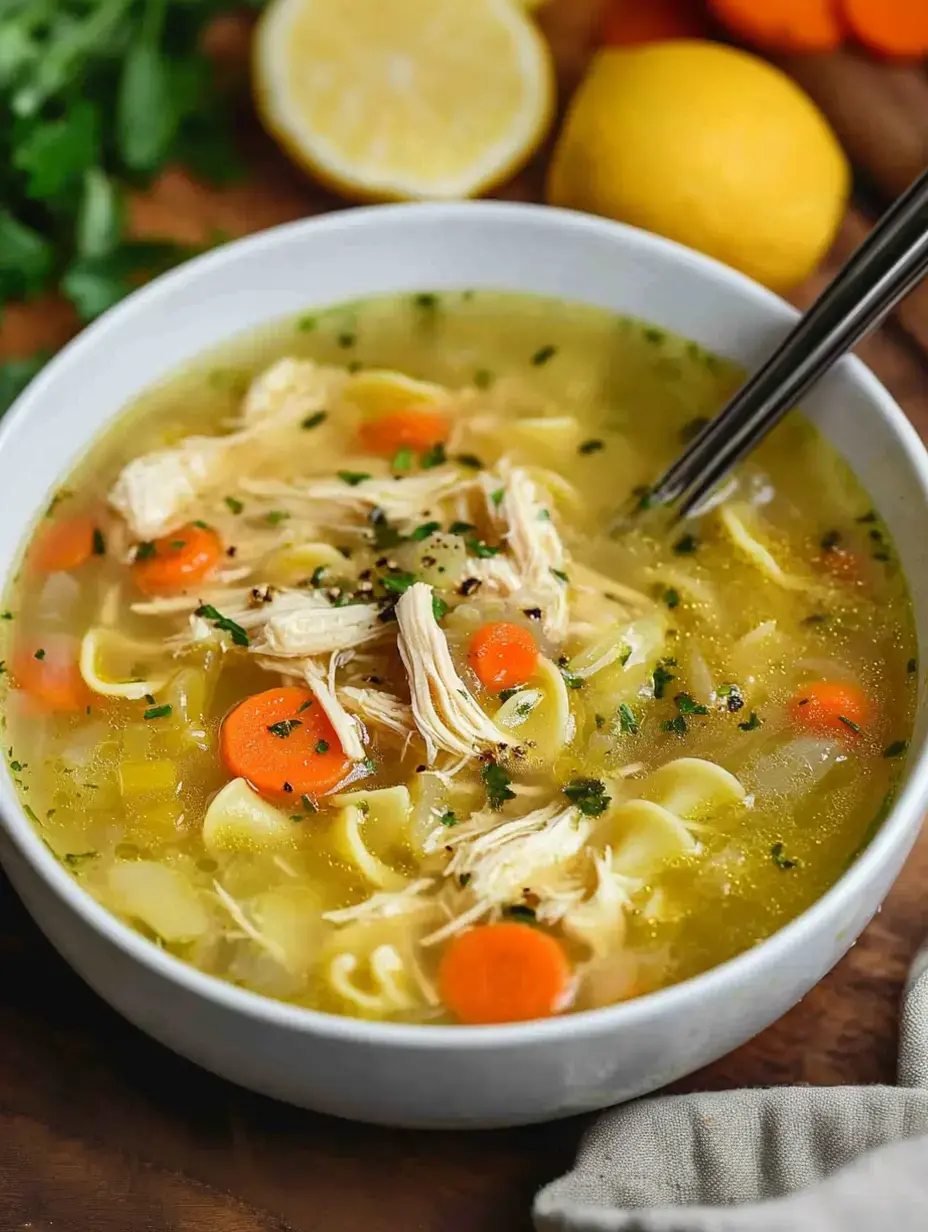 A bowl of chicken soup with shredded chicken, carrots, and pasta is garnished with herbs, accompanied by lemons in the background.