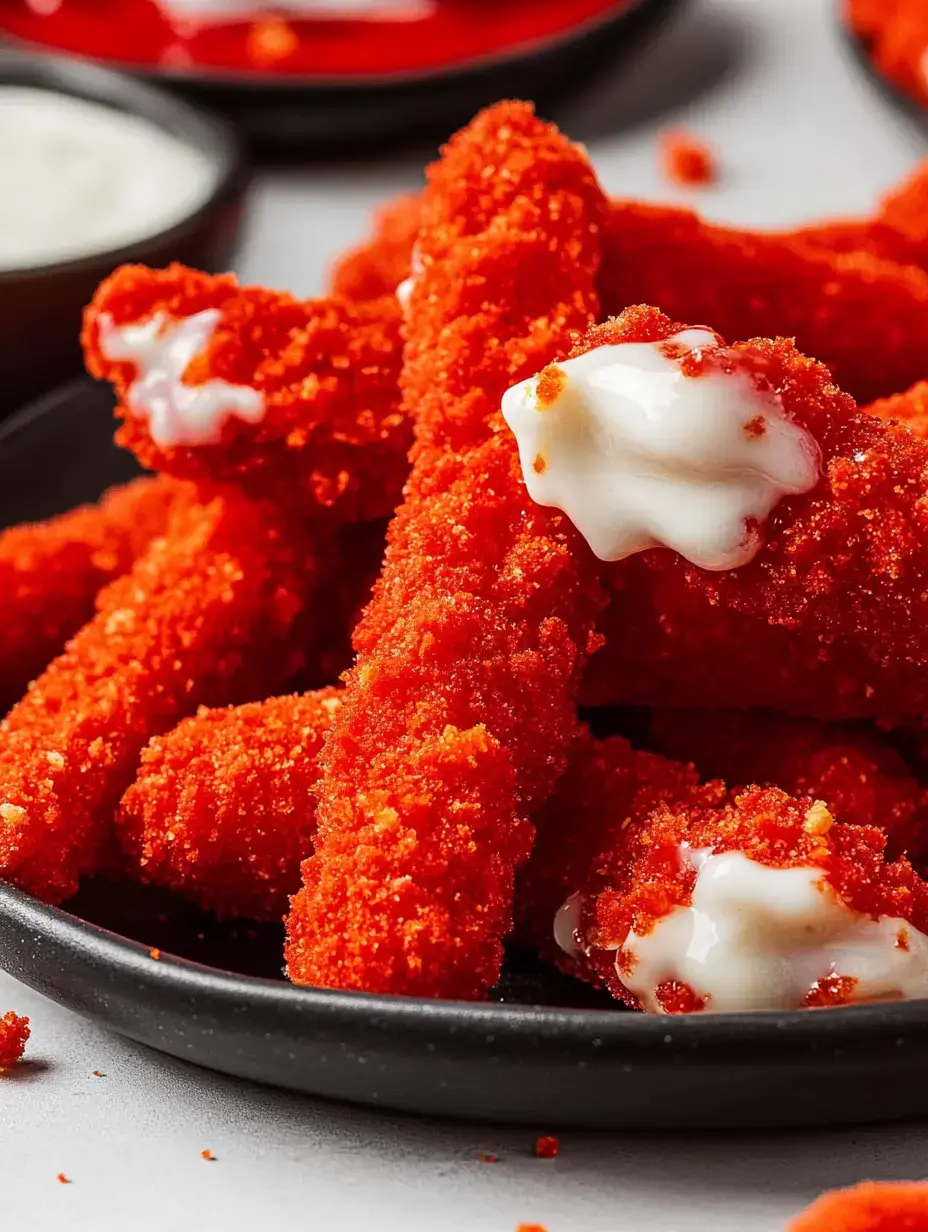 A close-up of crunchy, bright red snack sticks with dollops of creamy dip, presented on a black plate.