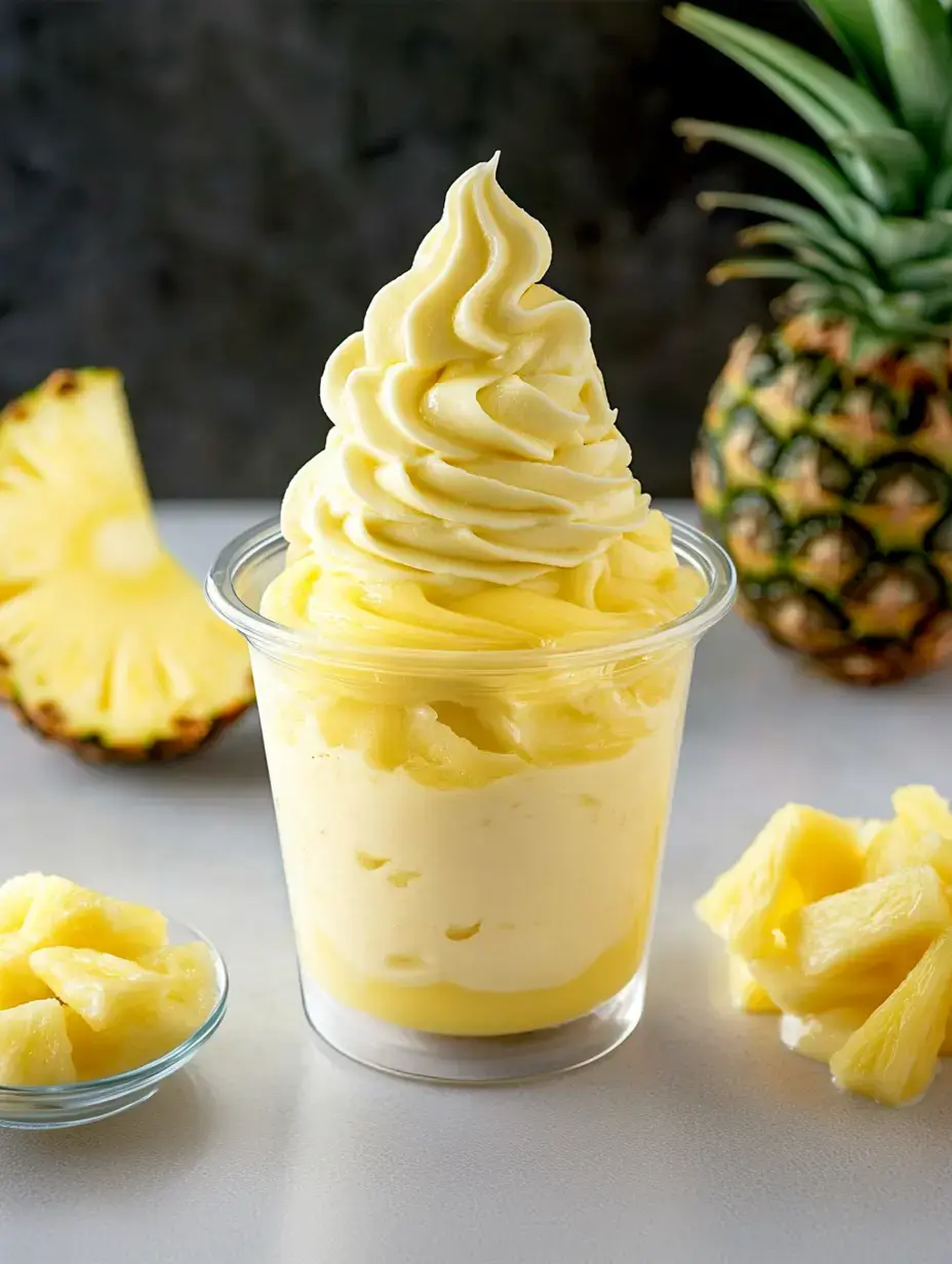 A cup of creamy pineapple soft serve ice cream is topped with swirled peaks, accompanied by fresh pineapple slices on the side.