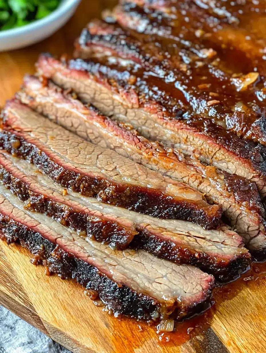 Sliced brisket drizzled with sauce on a wooden cutting board, accompanied by a small bowl of chopped green onions in the background.