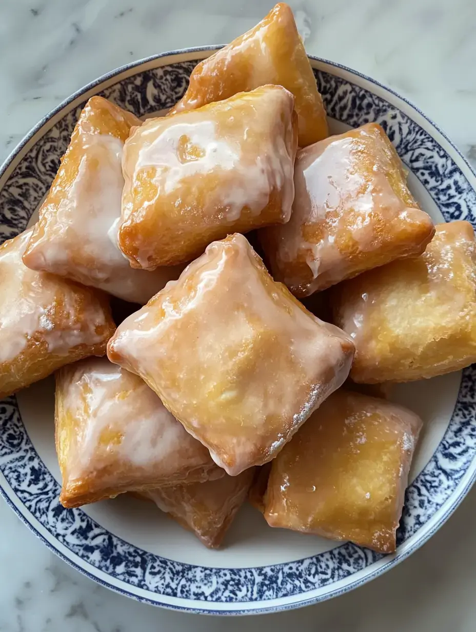 A plate of glazed, golden-brown square pastries stacked together.