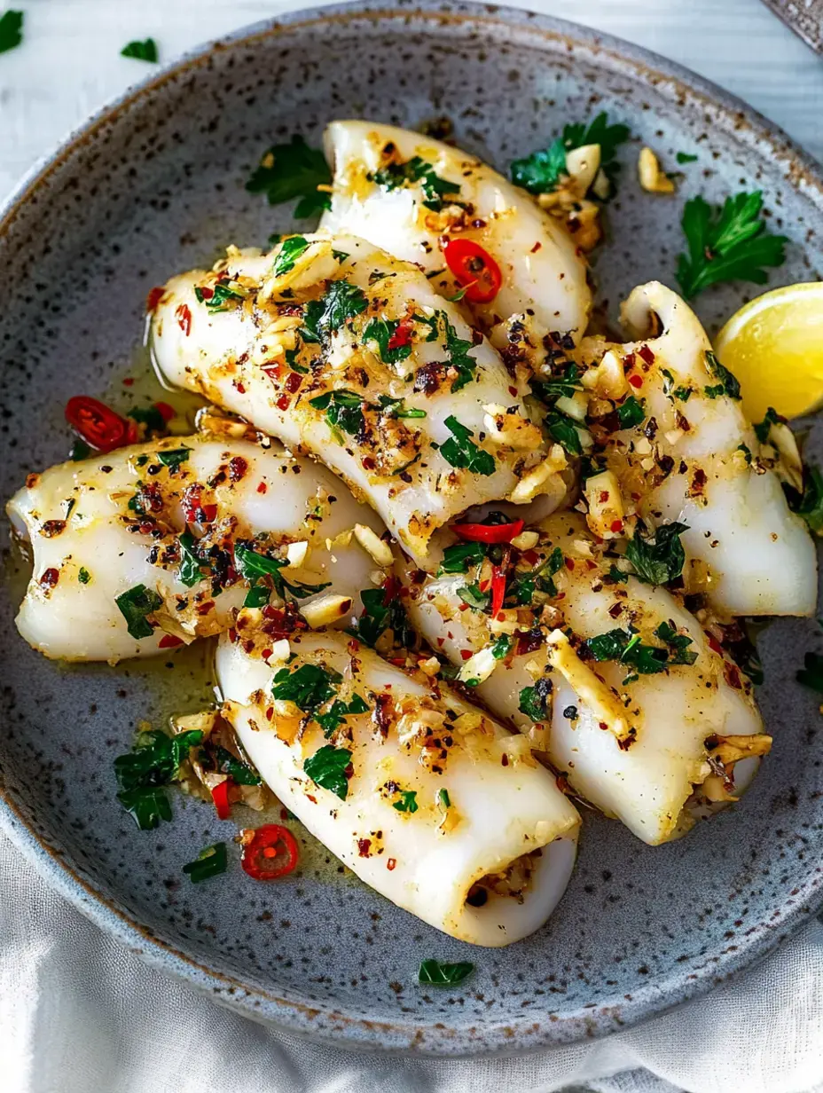 A plate of stuffed calamari garnished with herbs, garlic, and chili, accompanied by a wedge of lemon.