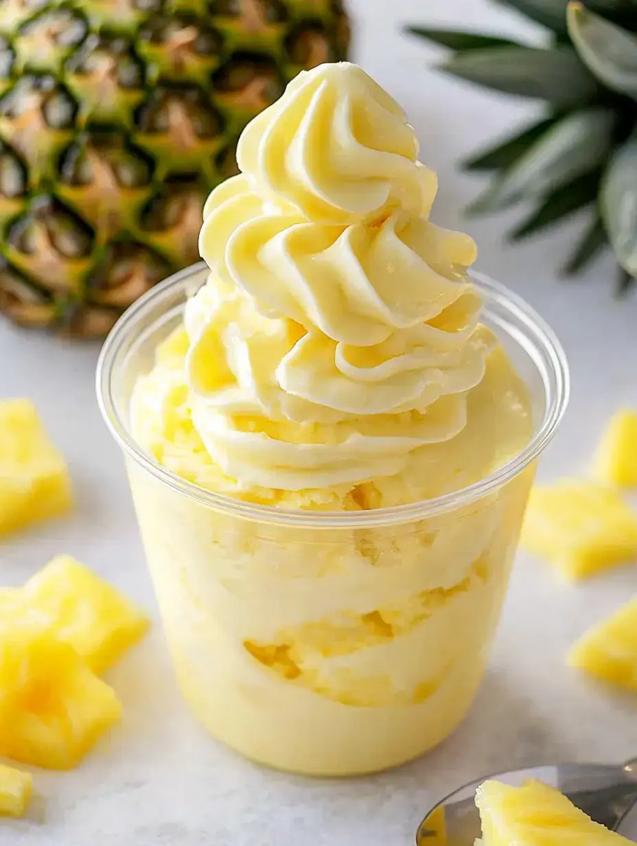 A cup of creamy pineapple soft serve ice cream sits next to fresh pineapple chunks on a light surface.