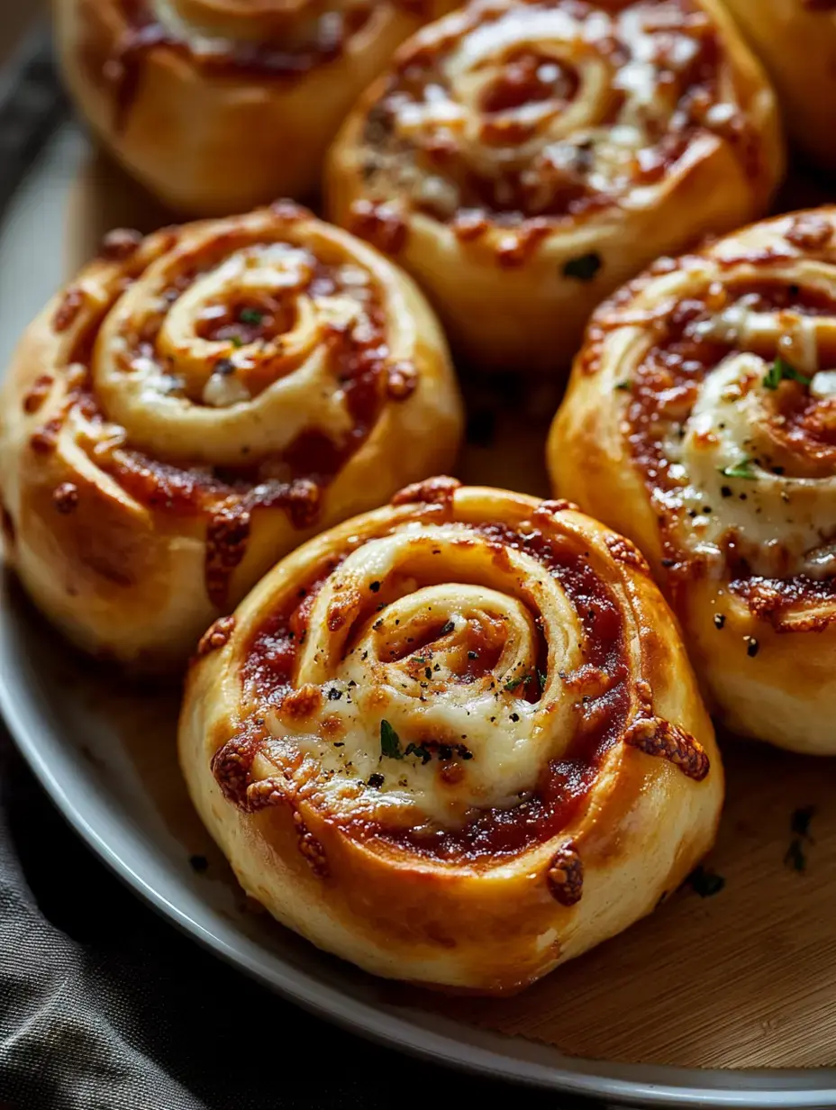 A close-up of freshly baked pizza rolls topped with melted cheese and herbs on a wooden platter.