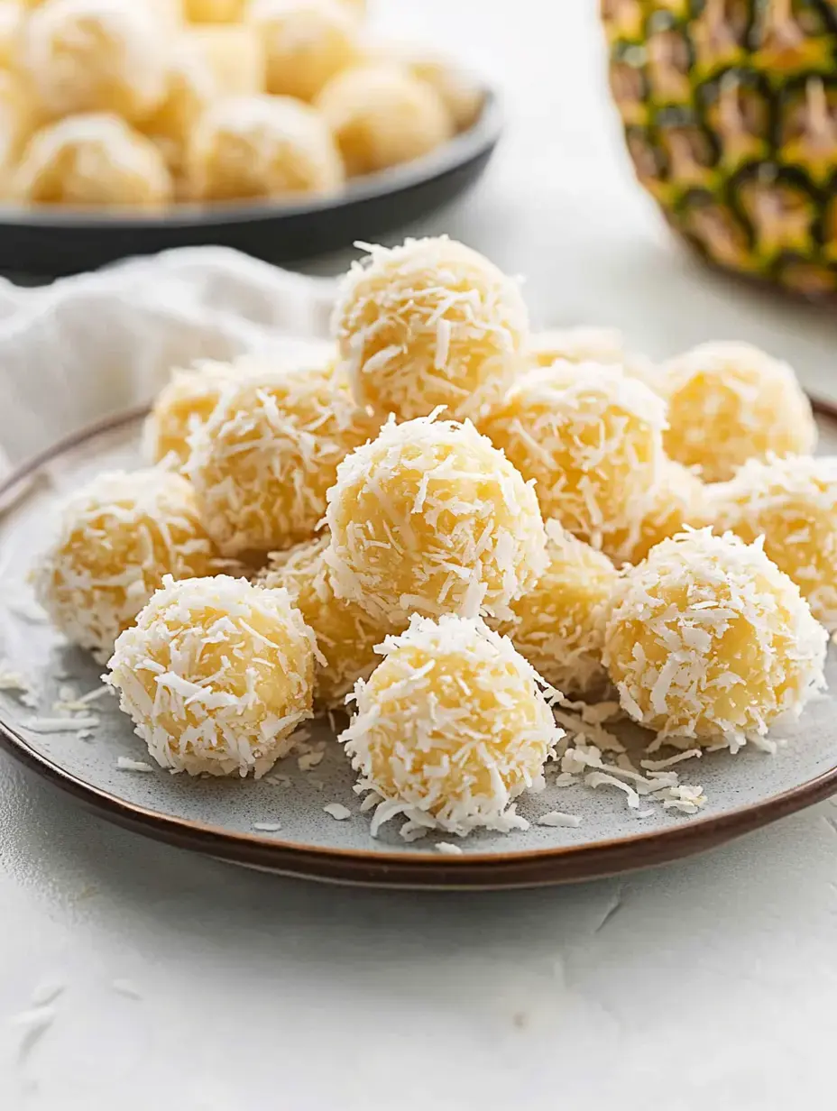 A plate of coconut-covered, round desserts is displayed, with a blurred bowl of similar treats in the background and a pineapple partially visible.