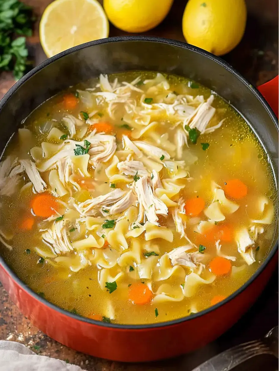 A steaming bowl of chicken noodle soup with shredded chicken, carrots, and parsley, garnished with lemon halves in the background.